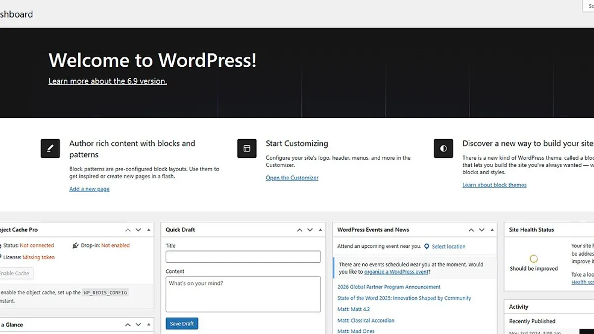 The WordPress admin dashboard welcome screen